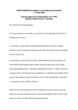 Closing speech by the Head of the OSCE Centre in Almaty at the OSCE/ODIHR Roundtable on Combating Extremism